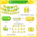 Detail set of lemon theme birthday decorations including banner, balloons and cake toppers - Lemon Theme Party Banner Balloons And Cake Toppers