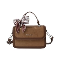 Retro brown vertical striped small square bag with silk scarf handle and silver logo - Brown