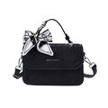 Black corduroy square handbag with silk scarf detail and adjustable shoulder strap - Black