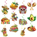 Detailed set of 12 Cinco de Mayo hanging swirl decorations with Mexican fiesta motifs - 12 Double-sided Cards + 12 Single Spirals + Hooks