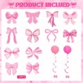 Detailed set of 12 pink bow themed hanging swirls and party decoration stickers - Double-Sided Cards and Single Spirals / Pink