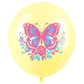 Close-up of yellow butterfly birthday balloon with pink floral patterns and knotted base - Yellow
