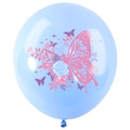 Detail of light blue latex balloon featuring pink butterfly and rose floral prints - Blue