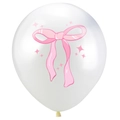 Close-up of a white party balloon with a pink bow and star patterns for birthday decor - White