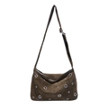 Bolso tote retro de gran capacidad en ante marrón oscuro con ojales metálicos plateados - Verde