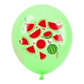 Detail of light green latex balloon featuring vibrant red watermelon print for summer parties - Green