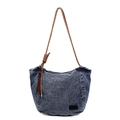 Retro gewaschene blaue Denim-Einkaufstasche mit braunen Flechtgurten und Quasten - Vintage-Blau