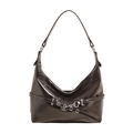 Borsa hobo in vernice marrone scuro con occhielli argentati e tracolla con fibbia - Marrone