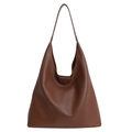 Large dark brown hobo tote bag in litchi grain leather with minimalist vintage design - Brown
