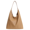 Minimalist large tote bag in brown litchi pattern leather with wide shoulder strap - Light Khaki