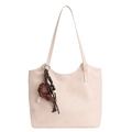 Große beige Damen-Tragetasche aus Leder mit braunem Karo-Hut-Anhänger und Aufdruck - Mit Anhänger / Gebrochenes Weiß