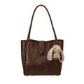 Borsa tote retrò in pelle PU marrone scuro con patta a bottone e ciondolo a coniglio - Con Ciondolo / Marrone