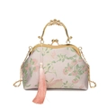 Pink Chinese shell bag with floral rabbit patterns and elegant side tassels - Pink