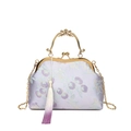 Lavender floral embroidery cheongsam evening bag with metal handle and tassel - Purple