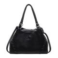 Bolso de mano minimalista en cuero negro con patrón de lichi y cremallera plateada - Negro
