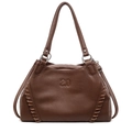Bolso tote marrón de cuero litchi con bordes de costura retro y logo de letra - café