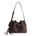 Dark brown faux suede bucket bag with tassel drawstring and vintage buckle detail - Brown