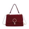 Elegant burgundy velvet bride handbag with gold ring heart charm and pearl chain strap - Burgundy
