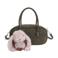 Borsa bowling retrò in pelle scamosciata verde oliva con ciondolo a forma di coniglio - Con Ciondolo / Verde