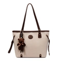 Bolso tote beige y marrón con correas de cuero y un colgante decorativo de osito - Con Colgante / Blanco Roto