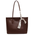 Dunkelbraune Leder-Shopper-Tasche mit Seidenschal-Detail und Ziernähten für Damen - Braun