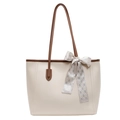 Cremefarbene Shopper Tasche mit braunem Rand und kariertem Tuch für Damen - Gebrochenes Weiß