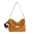 Brown leather underarm shoulder bag featuring a gold buckle and cute bear charm - With Pendant / Caramel color