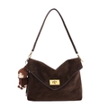 Deep brown suede shoulder bag with V-shaped flap, gold metal lock, and bear charm - With Pendant / Brown