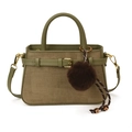 Bolso bandolera tejido verde y caqui con asa redonda y colgante de pompón suave - Verde