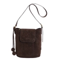 Chocolate brown suede bucket bag with stylish drawstring pompoms and adjustable strap - Brown