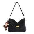 Retro black shoulder bag in soft matte leather with a cute bear charm and contrast stitching - With Pendant / Black