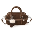 Dark brown suede bowling bag with white contrast stitching and a fuzzy glove charm - With Pendant / Brown