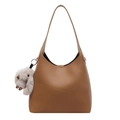 Brown lychee leather hobo bag with a plush bunny charm on shoulder strap - With Pendant / Cappuccino