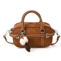Vintage brown suede bowling bag with leather trim and cute paw charm accessory - With Pendant / Brown