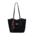Large black matte shoulder tote bag with vintage pretzel charm and leather straps - With Pendant / Black