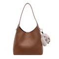 Brown litchi grain hobo bucket bag with a cute plush rabbit pendant and silver buckle - With Pendant / Tea Brown