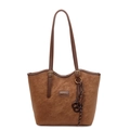 Brown faux leather tote bag with a minimalist trapezoidal shape and adjustable strap - With Pendant / Brown