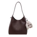 Minimalist dark coffee litchi leather hobo tote bag with a cute plush bunny charm - With Pendant / Brown