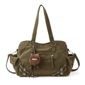 Olive green large capacity tote bag with silver buckles and plush charm accessory - With Pendant / Green