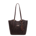 Dark brown leather tote bag with long straps and creative beaded pendant on white background - With Pendant / Brown