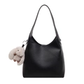 Minimalist black lychee pattern hobo shoulder bag with a cute plush rabbit charm - With Pendant / Black