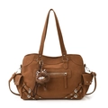 Brown vintage large capacity tote bag with suede texture and furry monster charm - With Pendant / Brown