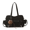 Y2K vintage black large tote bag in suede with metal eyelets and leopard plush charm - With Pendant / Black