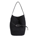 Borsa a secchiello vintage in pelle scamosciata nera con cuciture a contrasto bianche - Nero