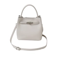 Elegant white litchi grain leather bucket bag with top handle and metal turn-lock closure - Off White