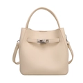 Beige lychee pattern leather bucket bag with silver metal lock and top handle - White