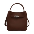 Dark brown bucket bag in lychee pattern leather with silver metal twist lock closure - Brown