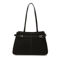 Bolso tote retro de ante negro con costuras blancas en contraste y hebilla plateada - Negro
