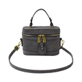 Donkergrijze leren emmer tas met witte stiksels en gouden metalen details - Grijs