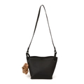 Minimalist black lychee texture bucket bag with a cute brown plush dog pendant charm - With Pendant / Black